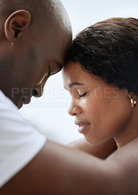 Buy stock photo Outdoor, black couple and forehead touch with eyes closed in love for support, care and bonding. People, relationship and outside with trust for solidarity, respect and comfort as lovers in closeup