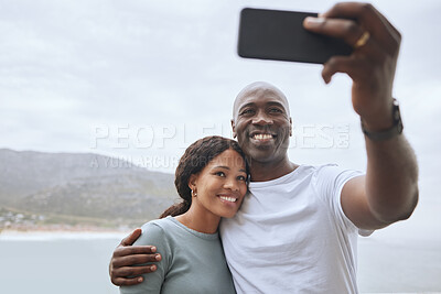 Buy stock photo Lake, black couple and happy on selfie for holiday, adventure and trip for bonding in Thailand. People, relationship and smile outdoor as tourist for profile picture and social media post as lovers