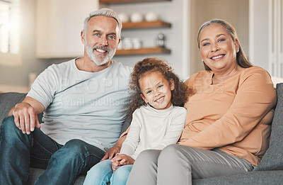 Buy stock photo Grandparents, girl and family portrait in home, weekend visit and relax together for bonding. Grandchild, embrace grandmother and love grandpa in Argentina, happiness and care for kid in relationship