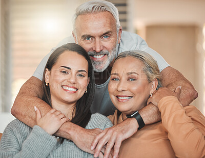 Buy stock photo Parents, happy woman and hug in senior portrait, weekend visit and home together for bonding. Retirement, embrace daughter and love family in Argentina, trust and care for relationship security