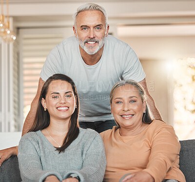 Buy stock photo Parents, happy woman and home for senior portrait, weekend visit and relax together for bonding. Retirement, proud daughter and love family in Argentina, trust and care for relationship security