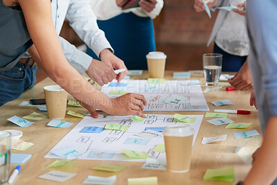 Buy stock photo Hands, group and documents in office with sticky note, planning and mindmap for inspiration at company. People, huddle and scrum for brainstorming, teamwork or synergy for solution at creative agency