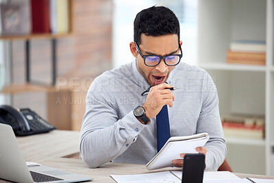 Buy stock photo Business man, tired and notebook in office for planning schedule, finance report and project checklist. Accountant, fatigue and burnout in workplace for overworked, stress and accounting with audit