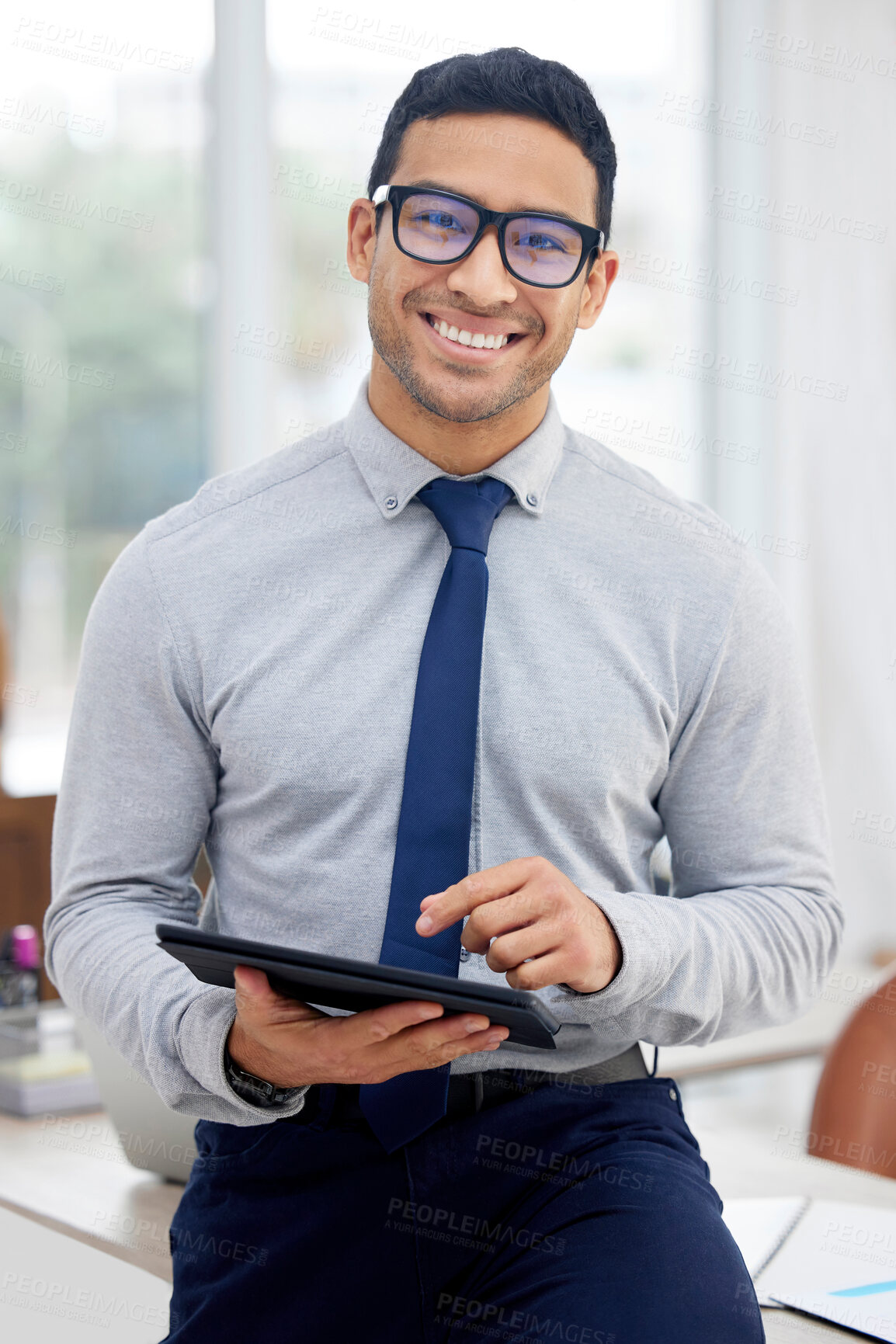 Buy stock photo Business man, happy and tablet in office for networking, research and client communication with email. Corporate consultant, portrait and tech for finance, asset management and investment portfolio