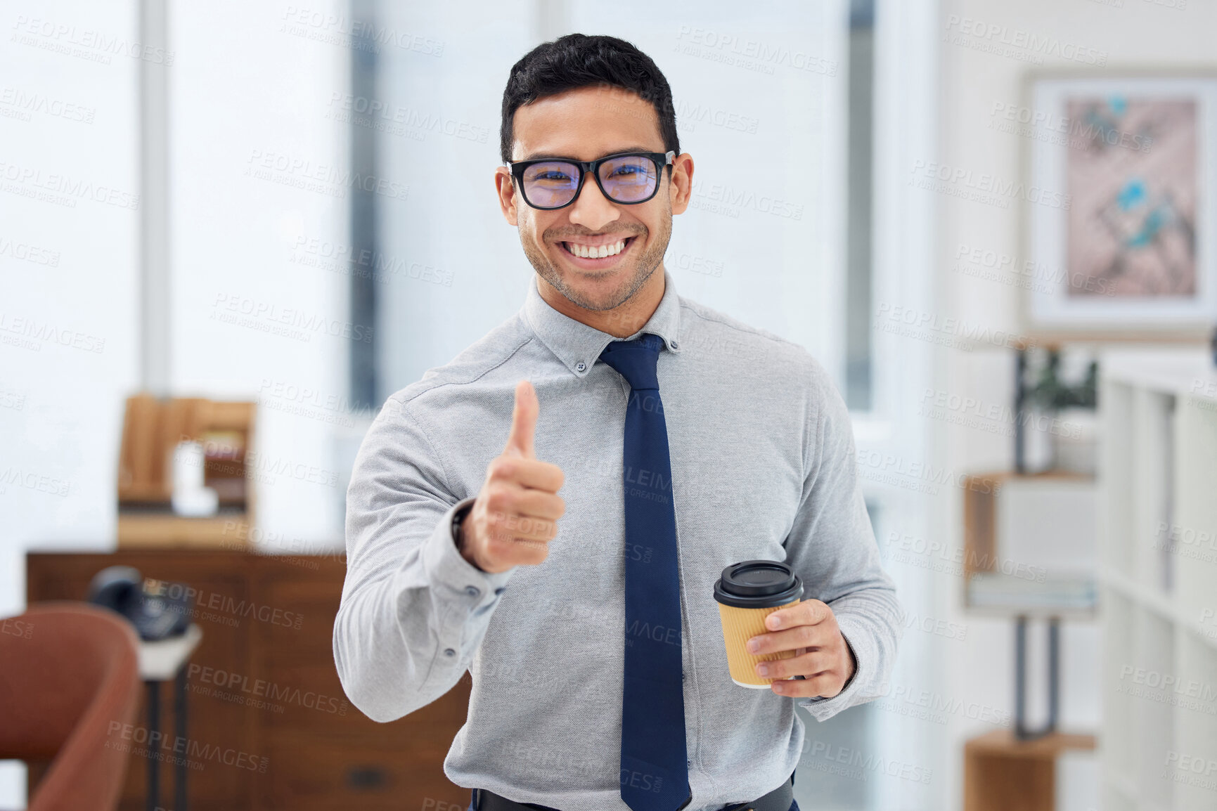 Buy stock photo Business man, portrait and thumbs up in office for agreement, thank you or good job with approval. Manager, happy and hand sign in workplace for support, trust and like with coffee or congratulations