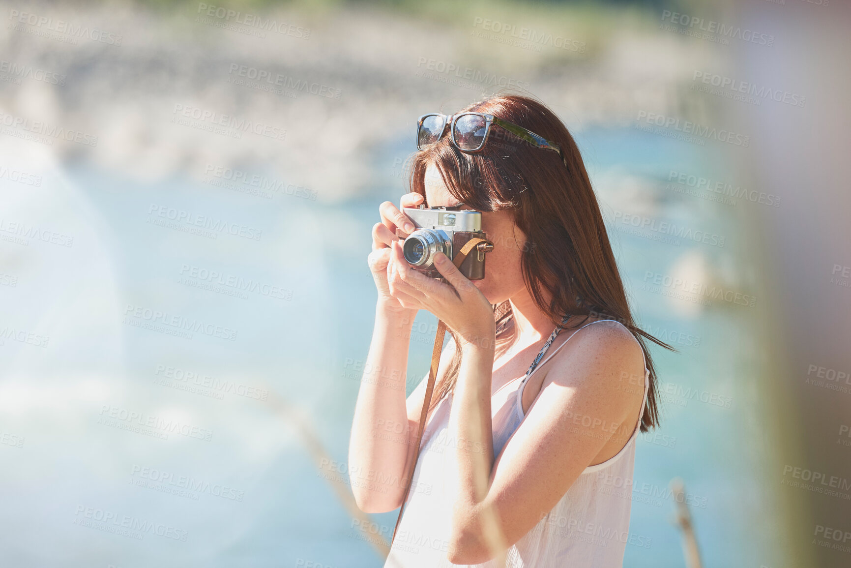 Buy stock photo Camera, photograph and travel with hiker woman in nature for adventure or journey in summer. Forest, memories and nature hiking with tourist person outdoor in environment for holiday or vacation