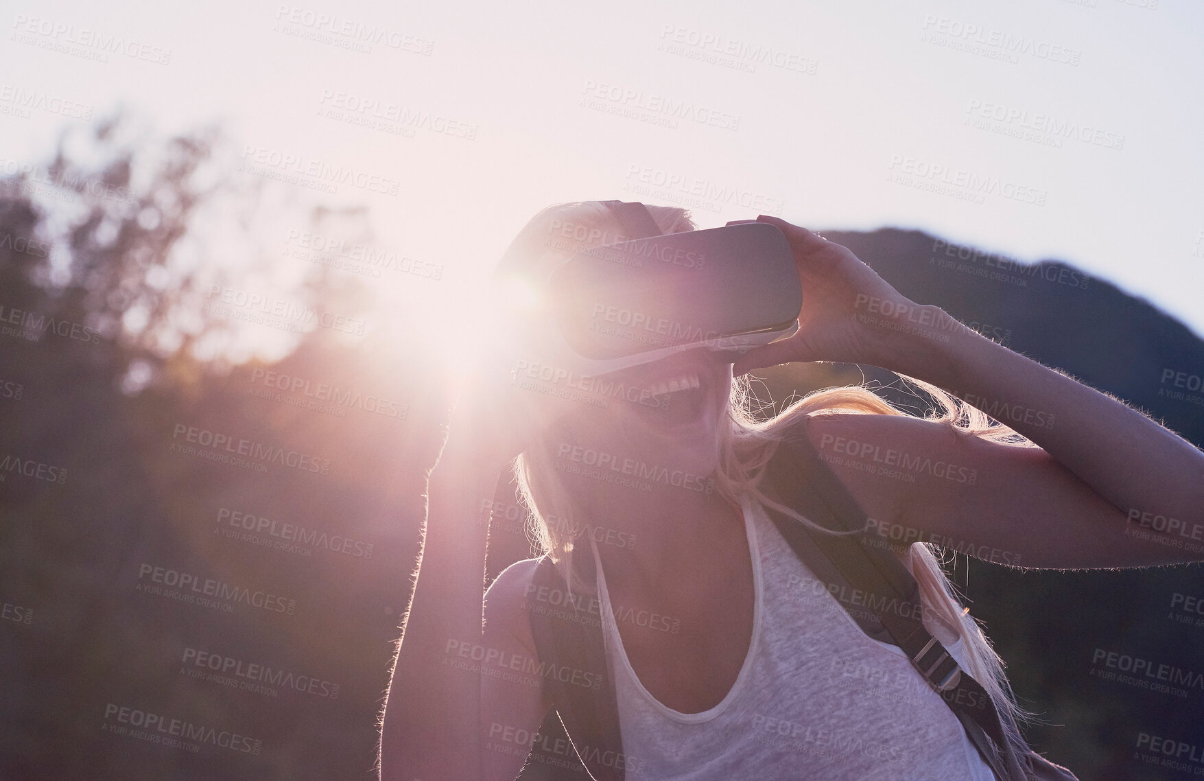 Buy stock photo Hiking, surprise and virtual reality with woman in nature for metaverse adventure, journey or travel. Forest, mountain and wow with tourist person in VR headset for holiday or vacation experience