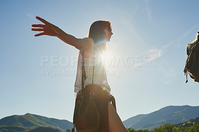 Buy stock photo Freedom, mountain and travel with woman hiker in nature for sightseeing journey or summer adventure. Forest, nature hiking and sky with arms of person outdoor in environment for holiday or vacation