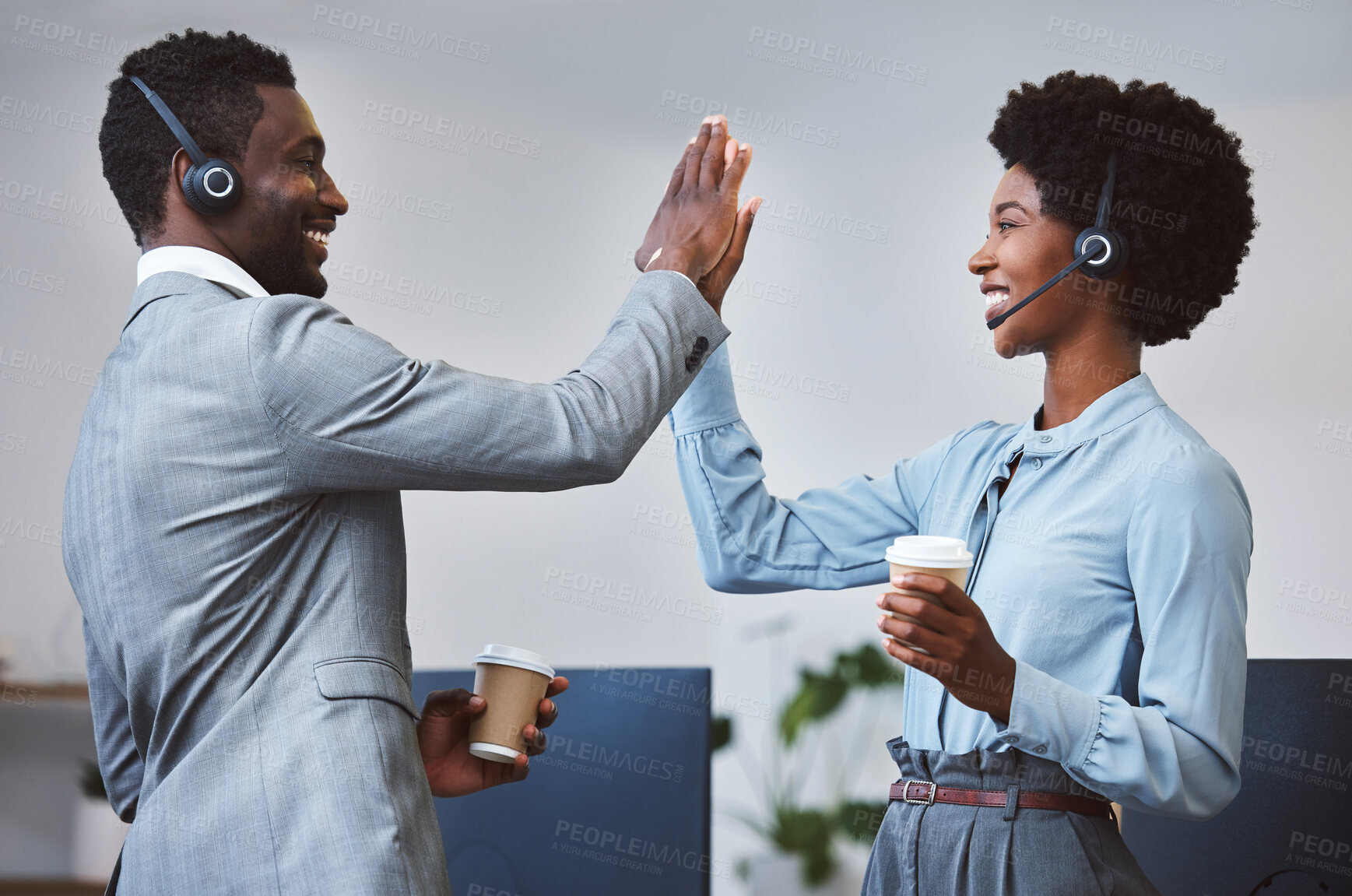 Buy stock photo Happy, black people and call center with high five for winning, promotion or success at office. Young African, consultant or agent with smile or touch for teamwork, good job or well done at workplace