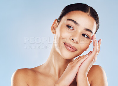 Buy stock photo Woman, thinking and clean beauty in studio, skincare and facial treatment results on blue background. Female person, confident cosmetics and dermatology for skin tone, transformation and feeling