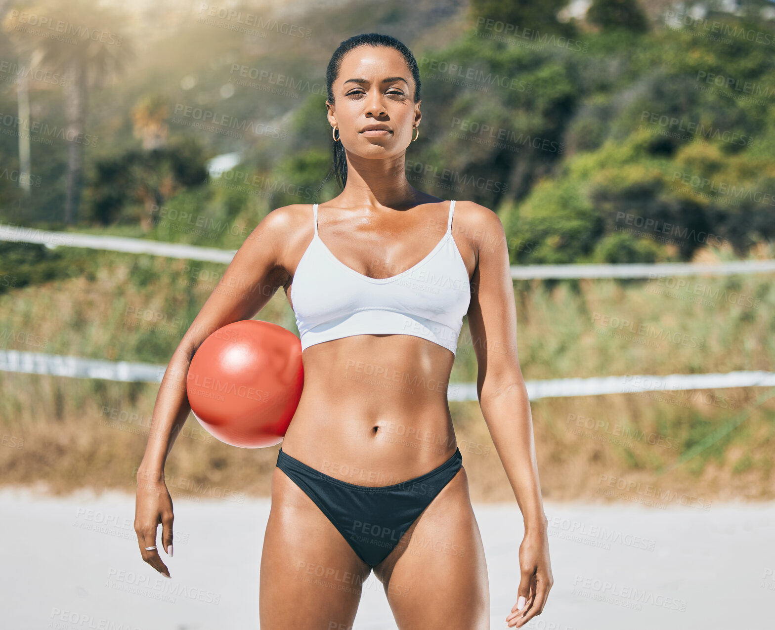 Buy stock photo Beach volleyball, woman portrait and summer sports, fitness and training in Brazil. Sexy young girl athlete, bikini body and sea vacation ready for ball action, focus game and fun tropical workout