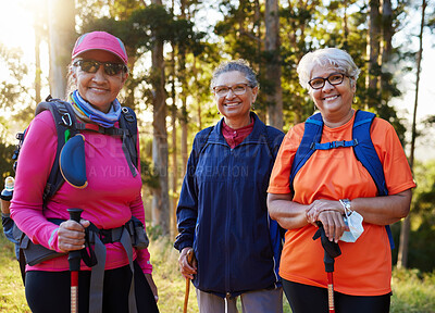 Buy stock photo Senior women, portrait smile and hiking or trekking together on an adventure or journey in nature. Group of happy elderly woman hikers smiling in fitness, health and workout exercise in the outdoors