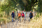 Nature, exercise and senior people hiking in the forest for a health, wellness and cardio outdoor workout. Fitness, healthy and group of elderly friends in retirement trekking on a path in the woods.