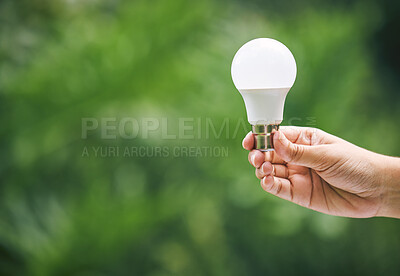 Buy stock photo Hands, nature and light bulb for eco friendly, sustainability and idea with renewable energy innovation. Person, lamp and solar power for electricity, inspiration and mockup space with solution