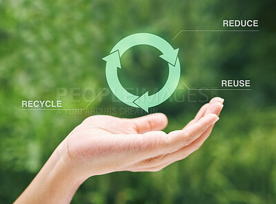 Buy stock photo Digital, choice and hand of person with recycle icon for clean energy, nature and sustainable environment. Technology, change and volunteer with green arrow, emoji or sign for global solution.