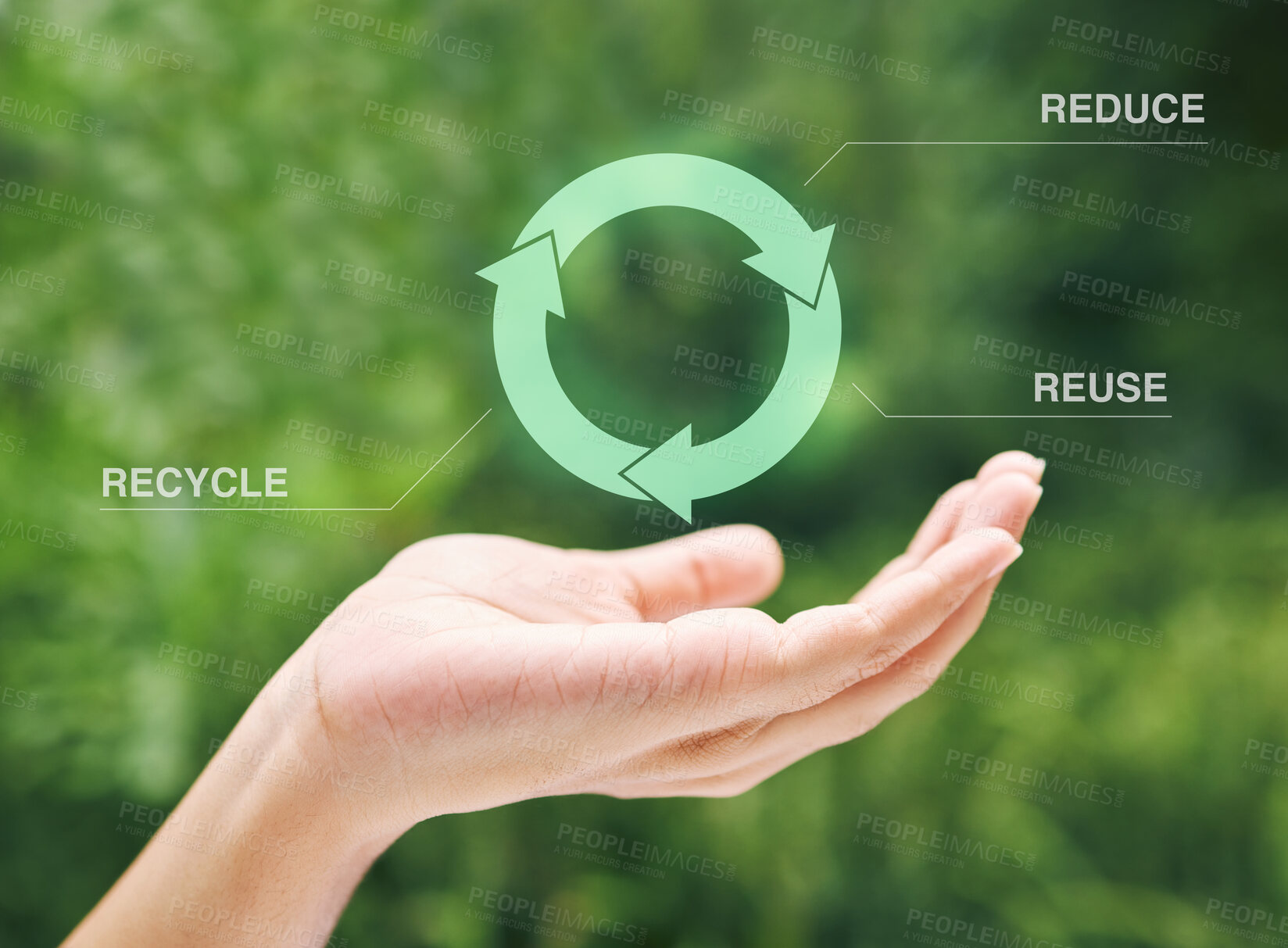 Buy stock photo Digital, choice and hand of person with recycle icon for clean energy, nature and sustainable environment. Technology, change and volunteer with green arrow, emoji or sign for global solution.