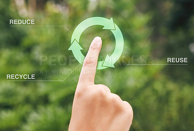 Buy stock photo Digital, click and hand of person with recycle icon for clean energy, nature and sustainable environment. Technology, change and volunteer with green arrow, emoji or sign for global solution online