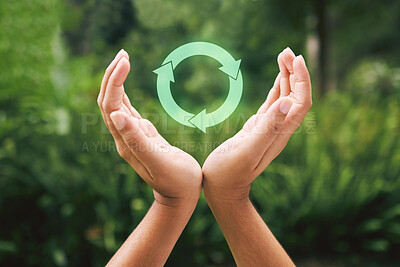 Buy stock photo Care, logo and hand of person with recycle icon for clean energy, nature or sustainable environment. Network, charity and volunteer with green arrow, emoji or sign for global climate change solution.