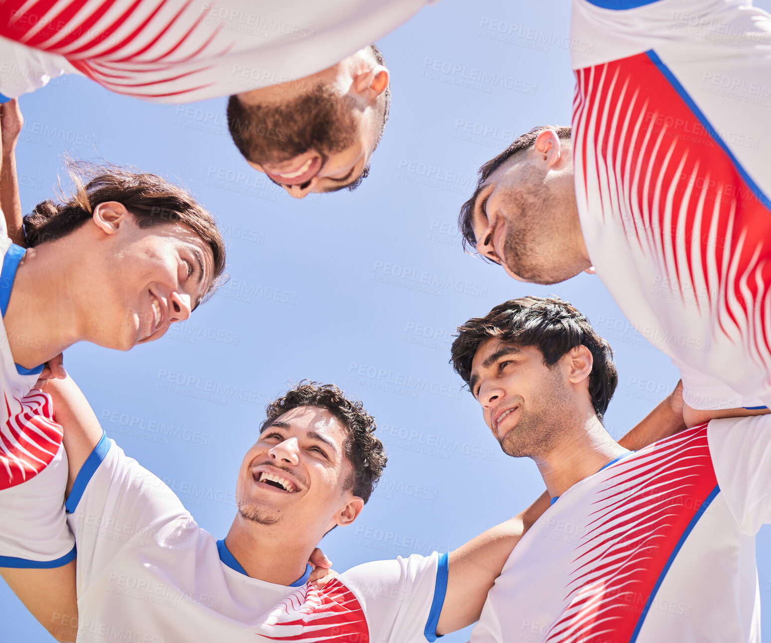 Buy stock photo Soccer, team and huddle for strategy game plan in sports fitness, collaboration or goals in the outdoors. Happy football players in teamwork, meeting or discussion for planning, unity and cooperation