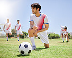 Sports, team and soccer training, stretching and warm up before game competition on field. Young athlete men, fitness workout and football exercise practice or sport lifestyle motivation outdoors