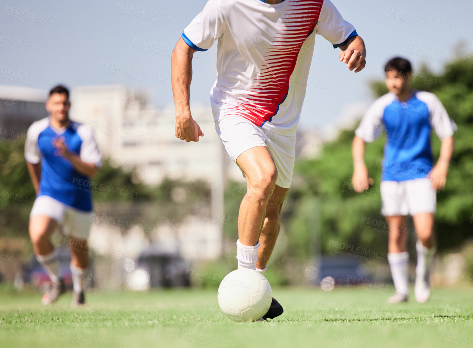 Buy stock photo Soccer, team and football sport athlete in a exercise, training and game with running and teamwork. Outdoor field with soccer player busy with fitness, workout and ball sports cardio on soccer field