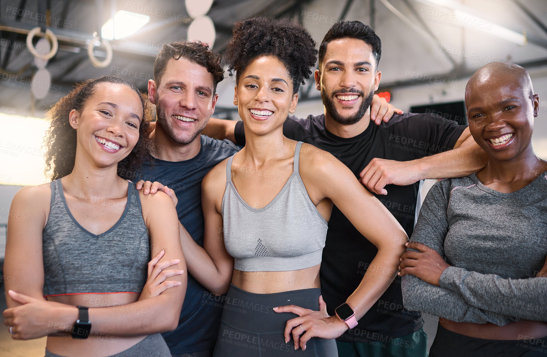 Buy stock photo Team, workout group, fitness or people in a happy portrait for good training exercise or gym class session. Diverse sports friends, man and woman face together for health, wellness and body strength