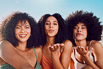 Black woman, friends and selfie blowing kiss for happy friendship, summer vacation and bonding in the outdoors. Portrait of African American women enjoying social fun for photo moments together