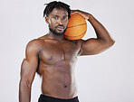 Basketball, black man and sports portrait with orange ball for fitness training and exercise. Athlete person with strong muscle to train, workout and competition for health and wellness motivation