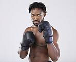 Fitness, boxer portrait and black man with gloves to fight for sports training and workout in studio. Strong athlete person for exercise, boxing performance and mma competition with power and energy