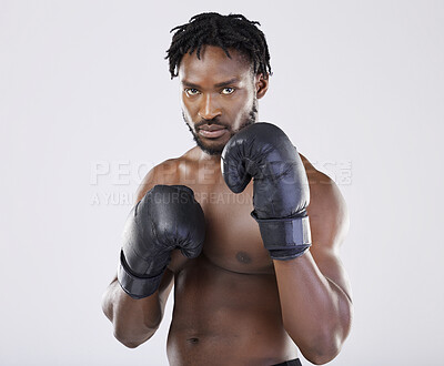 Buy stock photo Fitness, boxer portrait and black man with gloves to fight for sports training and workout in studio. Strong athlete person for exercise, boxing performance and mma competition with power and energy