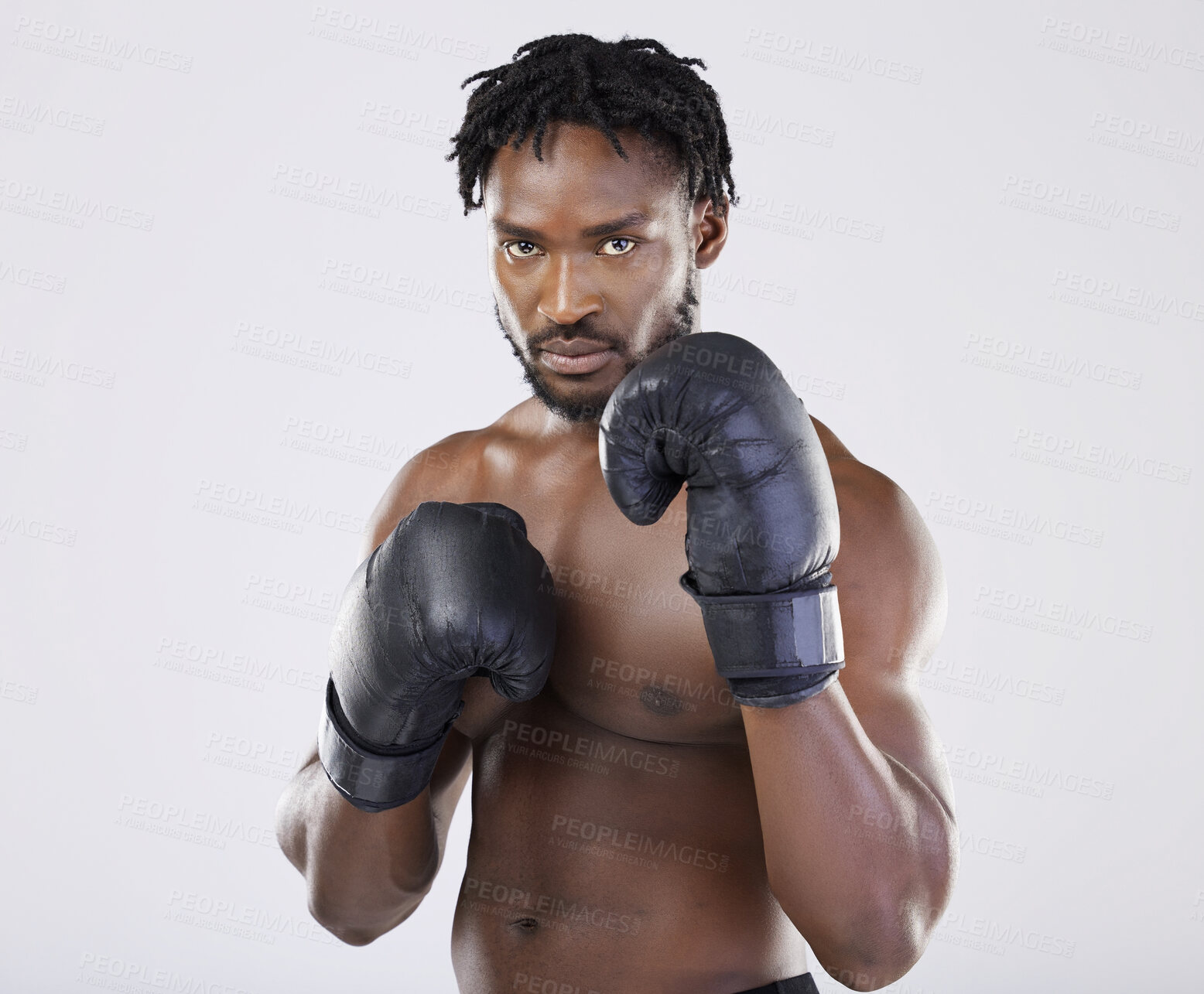 Buy stock photo Fitness, boxer portrait and black man with gloves to fight for sports training and workout in studio. Strong athlete person for exercise, boxing performance and mma competition with power and energy