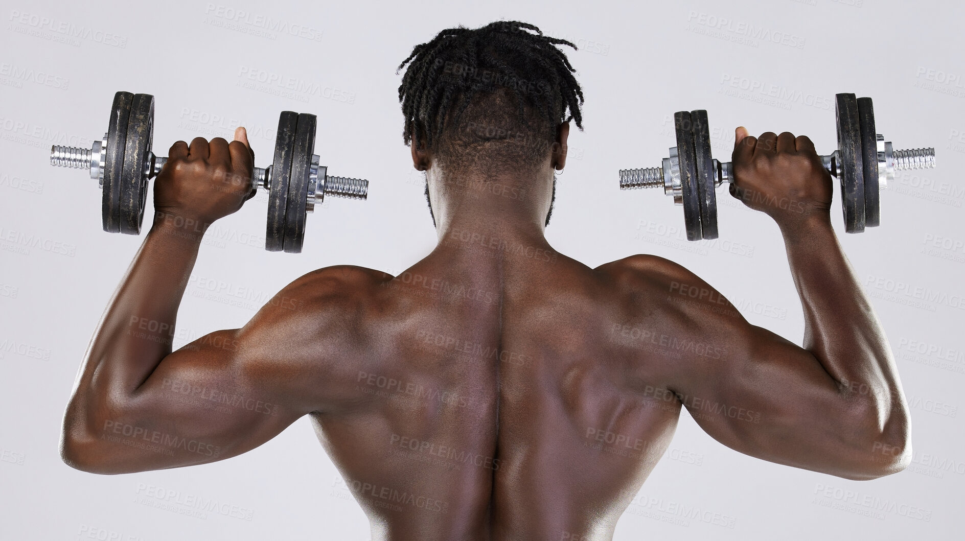 Buy stock photo Dumbbell, strong muscle and fitness of a black man doing power workout in studio. Back of sexy bodybuilder person doing exercise or training with weights for health, wellness and body growth progress