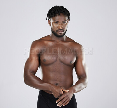 Buy stock photo Fitness, black man and body portrait of sports person in studio for strong muscle and power. Health and wellness of a sexy male bodybuilder model with growth after exercise, workout and training