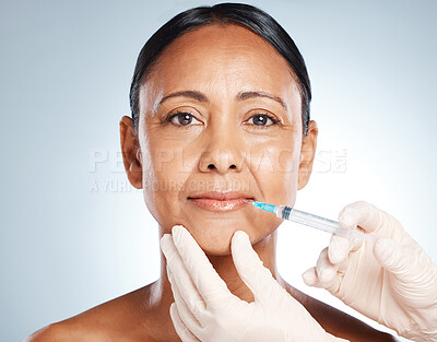 Buy stock photo Injection, lip filler and portrait of woman face for plastic surgery, cosmetics and beauty implant. Skincare, facial syringe and aesthetic for liposuction, transformation and studio background