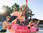 Pool party, beer and friends on flamingo, having fun and partying. Summer celebration, water event and group portrait of drunk funny people laughing with alcohol, swimming and floating on bird float.