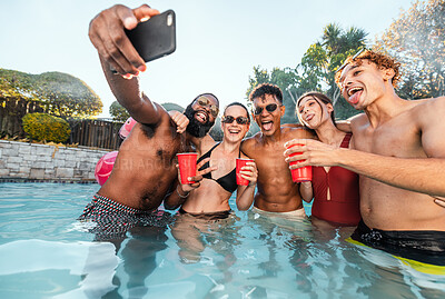 Buy stock photo Selfie, beer and friends at pool party having fun on new years. Swimming celebration, water event and group of happy people with tongue out, peace sign and taking pictures for social media in summer.