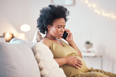 Buy stock photo Phone call, pregnant woman and stress for healthcare problem, worry or anxiety with stomach pain or emergency. Pregnancy, abdomen wellness and mother with smartphone for home telehealth services