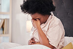 Pregnant, bedroom and black woman with depression, stress and maternity issues in home. African American female, pregnancy and anxious lady in bed with headache, anxiety and mental health problems