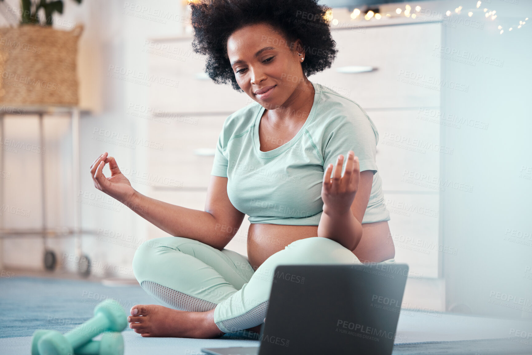 Buy stock photo Laptop, pregnant black woman and yoga exercise in home for fitness, wellness and health. Zen lotus, pregnancy and future mother with computer for virtual training or streaming online pilates class.