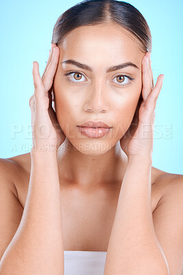 Buy stock photo Portrait, beauty and woman in studio for skincare, facelift and anti aging product on blue background. Face, derma and girl model relax with luxury, skin and facial, treatment and cosmetics isolated