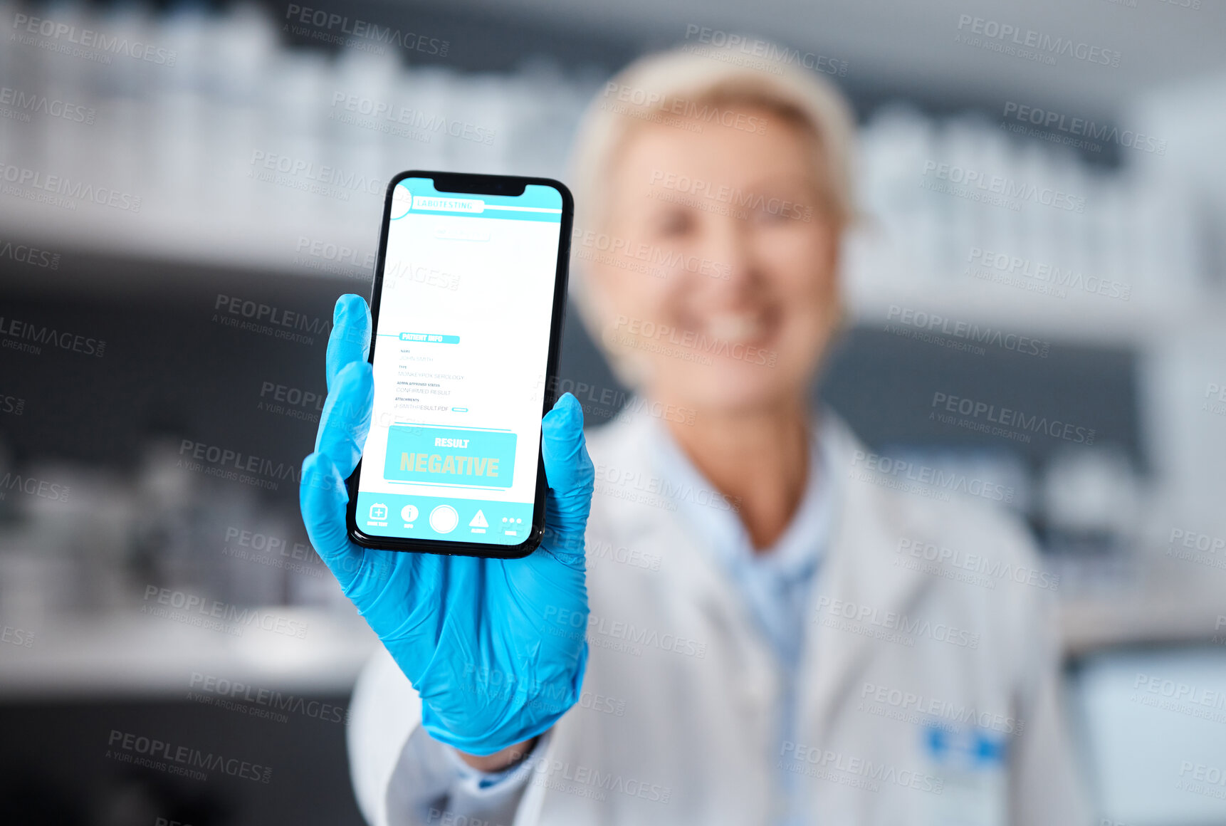 Buy stock photo Phone, screen and doctor woman with QR code for drugs test results, compliance and safety in laboratory. Smartphone, mobile app ux and negative feedback for online scientist or science data review