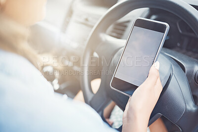 Buy stock photo GPS, map and woman with a phone on a road trip for travel, search and location in a car. Navigation, transport and a screen of a mobile app showing information while on a journey to a holiday