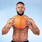 Basketball, sports and portrait of black man in studio serious face for fitness, exercise and training. Sport mockup, motivation and male athlete focus with ball for playing, workout and practice