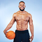 Basketball, sports and portrait of black man in studio with smile for fitness, exercise and training. Sport mockup, motivation and happy male athlete model with ball for active, workout and practice