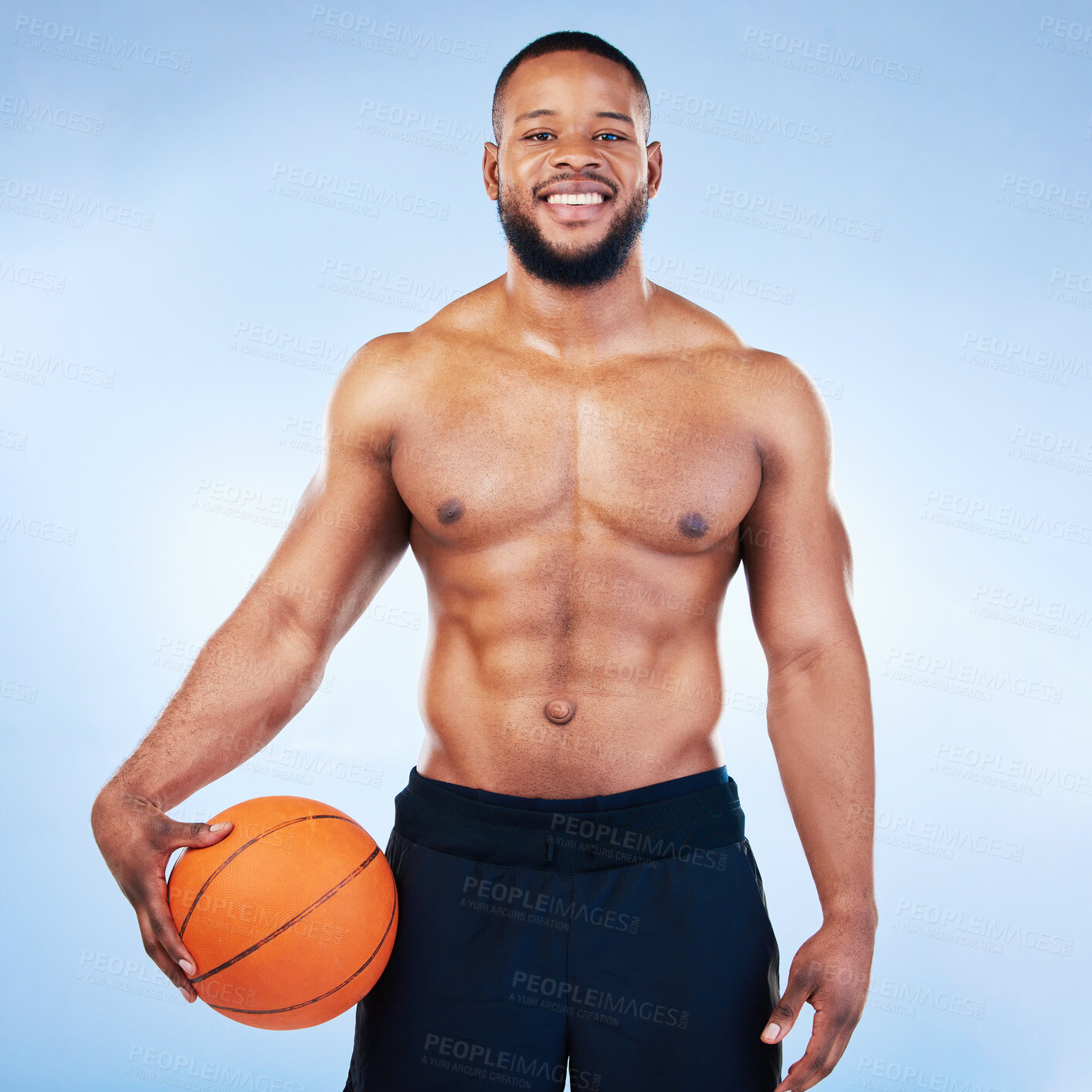 Buy stock photo Basketball, sports and portrait of black man in studio with smile for fitness, exercise and training. Sport mockup, motivation and happy male athlete model with ball for active, workout and practice