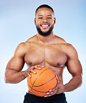 Basketball player, black man and studio portrait with smile, shirtless or happy for sports by blue background. Young fitness expert, body wellness or ball in hands for development, sport and games