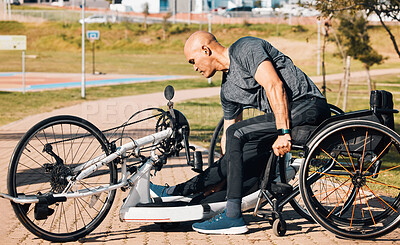 Buy stock photo Wheelchair, athlete or a man with a disability and bike for handicap race, fitness and recumbent challenge. Exercise, park and a handbike of paraplegic sports person outdoor for cardio and training