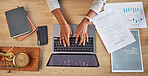 Lawyer, hands and laptop typing with attorney case and notes with website in a office. Desk, top view and law firm with planning and paperwork for report and document with computer and email