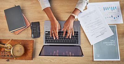 Buy stock photo Lawyer, hands and laptop typing with divorce case and notes with website in a office. Desk, top view and law firm with planning paperwork for settlement report with contract document with computer