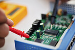 Closeup, motherboard and engineer solder circuit board for technology, electrical hardware or CPU microchip. Hands of technician, IT electronics and iron welding tools to upgrade semiconductor system